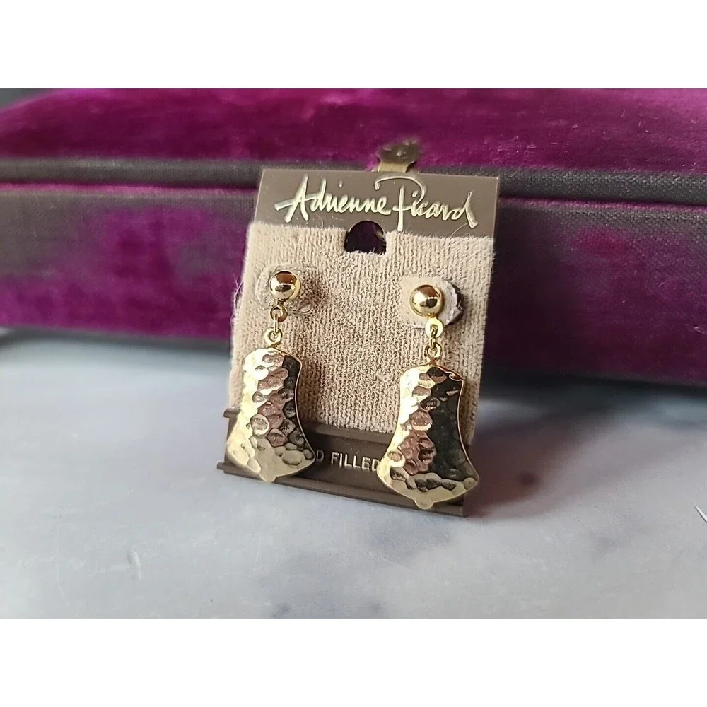 Adrienne Picard Pierced Hammered Dangling Earrings NOS 14KT GF POSTS